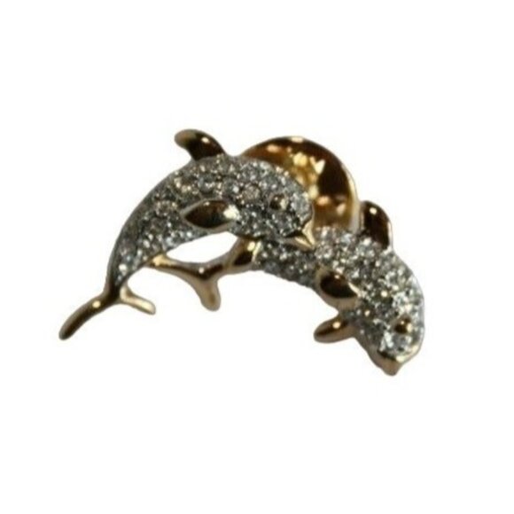 Dolphin-Themed Gold Tone Rhinestone Encrusted Brooch Pin - Picture 6 of 11